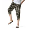 Pantaloni da uomo in lino di cotone Harem a righe verticali Pantaloni estivi casual da spiaggia elastici leggeri Boho 3/4 con tasche 210522