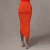 Cnyishe midi cintura alta saia bodycon cordão ruching split lápis saias da moda senhora sexy saias néon laranja mulheres fundos 210419