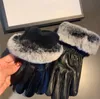 Luxury Rabbit Fur Leather Gloves Autumn Winter Mittens With Velvet Inside Women Touch Screen Glove Double Letter Metal Symbol Mitten