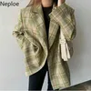 Neoe Chaqueta de moda coreana Mujeres Primavera Temperamento Abrigo Plaid Abrigo Femenino Patrón Midi Doble Midi Tops sueltos Outwear Outwear 210422