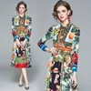 Mode Designer Luxury Fruit Vegetable Printing Runway Kvinnor Långärmad Bow Slips Krage Elastisk Midja Vintage Dress 210416