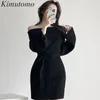 Kimutomo Elegante Frauen Gestrickte Kleid Mode Frühling Herbst Damen Slash Neck Hohe Taille Spitze Up Schlank Solide Mini Vestidos 210521
