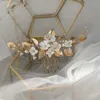 Delicate Porcelain Flower Small Comb Bridal Pins Piece Gold Leaf Wedding Headpiece Handmade Women Pearls Hair Jewelry