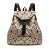 New Women Backpack Geometric Plaid Sequin Backpacks For Teenage Girls Bagpack Holographic Female Drawstring School Bag X0529