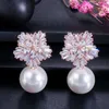Fashion OL Style Silver Color Cubic Zirconia Setting Large Flower Stud Earrings with Pearls Jewelry for Women CZ282 210714
