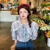 Women's Lace Puff Sleeve Peter pan Collar Patchwork Blouses Single Breasted Female Tops Office OL Lady blouses Ropa De Mujer 210514