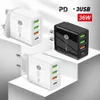 Snabb snabb laddning PD USB C Wall Charger 4 Ports QC3.0 36W Typ C Power Adapter för iPhone 12 13 14 15 Samsung Huawei Android -telefon med låda