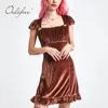 Summer Vintage Women Velvet Short Sleeve Ruffle Pleated Retro Sexy Party Mini Dress 210415