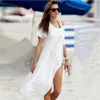 Sukienka na plaży Damska Sundress Modna Krótki Rękaw Elegancka Casualna Solidna Sexy O-Neck Side Split Gore Ramiona Robe 210422
