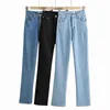 Höst jeans kvinna hög midja byxor vintage liten flare svart denim koreanska klockbotten blå byxor söta 211129