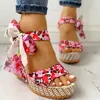 Women Wedge Sandals Female Open Toe Shoe Floral Bowknot Platform Bohemia High Heel Sandal Fashion Ankle Strap Ladies Shoes