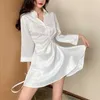 PERHAPS U Turn Down Collar Long Sleeve Mini Dress Summer Women White Solid Satin Shirt Dress Button D1990 210529