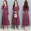 Casual Dresses Coigarsam Kvinnor Klänning Höst 2022 Kontor Lady Korea Style Print Långärmad Woolen O-Neck Red Blue Robe Vestidos