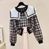 Autumn Winter Hoodies Doll Collar Ladies Sweatershirts Women Loose Korean Short Plaid Top UK172 210507