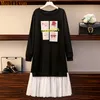 Hit Spring Höst Koreansk stil Svart Klänning För Kvinnor O Neck Långärmad Patchwork Ruffles Print Dresses 210428