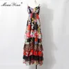Модное платье Летние женские спагетти ремешок без спинки цветочные принты каскадные урезывания чехол шифон пляжные платья 210524