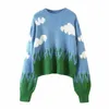 Women Childlike Innocence White Clouds And Green Grass Knit Sweater With Puff Sleeve 210512