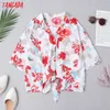 Tangada Kobiety Retro Print Bow Beach Crop Koszula Krótki Rękaw Summer Chic Kobiet Koszula Topy QW74 210609