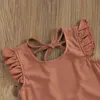 Women's Swimwear Toddlers Summer Solid Color O-Neck Ruffle Sleeve Lacing Backless Swimsuit For Little Girls
