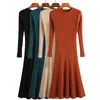 Spring Solid Bottom Sweater Women Sleeve O Neck Thick Slim Knitted Female A-line Medium and Long Dress 210416