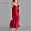 Yaz Kadın Saten Kayma Diz Boyu Seksi Spagetti Kayışı İpek Parti Elbise 210415