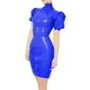 Plus Size Sexy Hoge Hals PVC Mini Jurk Vrouwen Korte Bladerdeeg Mouw Bodycon Jurk Mode Skinny Vestido Wetlook Party Clubwear 210332962561