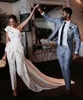 One Shoulder Beach Jumpsuit Wedding Dresses with Train 2021 Stain Ruched Tailor Made Country Boho Bride Pant Suit Wear