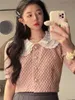 Sweet Pink Puff Short Sleeve Peter Pan Collar Patchwork Lace T Shirts Kvinnor Kort sommar Single-breasted Blouse Fashion Tops Chic 210610