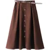 Summer Women's Solid Vintage Corduroy Umbrella Long Skirt Casual A-Line Mid-Length High Waist Button Elegant With Belt B13202X 210416