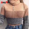 Chaki Crop Sweater Turtleneck Feminino Algodão Malha Listrada Suéteres Longa Outono Inverno Mulheres Quentes e Pullovers 210428