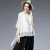 6555＃jry新しい夏の女性のブラウスヨーロッパファッションハーフスリーブソリッドカラーレディブラック/ホワイトサイズのための不規則なシフォンブラウスxl-4xl