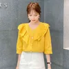 Coreano con scollo a V Estate Elegante Camisas Mujer Splicing Camicette con bottoni arruffati Camicia Donna Abbigliamento donna blusas 58A 210420