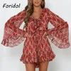 Flare Mouw Chiffon Rompertjes Overall Ruche Groot Been Playsuits Casual Strand Zomer Boho Romper Vrouwen Floral Print 210427