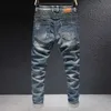 Korean Style Fashion Men Jeans High Quality Retro Dark Blue Ripped Vintage Designer Elastic Cotton Slim Denim Pants P4CD