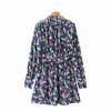 Vintage kvinna lila draped print chiffong klänning vår mode damer semester mini es kvinnlig elegant a-line 210515