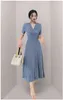 Frauen Kleid Eleganter V-Ausschnitt Lady Office Arbeit Party Retro Hohe Taille Lace Up Casual Midi Vestidos 210519