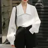 Camicetta di chiffon nero Donna Colletto rovesciato Monopetto Manica Lanter Top Camicia Donna Plus Size Stile OL Top bianco 210601