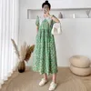 Kore chic yaz vintage büyük yaka ince bel çiçek elbise kadın puf kol rahat moda giysileri vestido feminino 210529