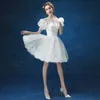 Branco Bubble Sleeve Curto Homecoming Vestidos Lace Tulle Sweety Princess Vestido Appliques Império Art Deco-Inspired Neck Skirt
