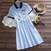 Special offer Japanese Mori Girl Women Dresses Striped Cat Embroidery Shirt Dress Short Sleeve Elegant Cute Kawaii Vestidos 210520251V