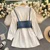 Zoete Koreaanse Mode Pak 2 Stuk Set Losse Blouse Shirt Bandage Cowboy Sling Vest Spring Clothes Ropa Mujer Twee Vrouwen 210514