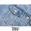 TRAF Women Fashion Wide Sleeve Cropped Denim Jacket Coat Vintage Lapel Collar Patch Pockets Female Outerwear Chic Tops 210415