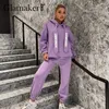 Glamaker Casual Roxo Solto Fleece Tracksuits Calças Terno Mulheres Oversize Moletom Com capuz Elastic High Cintura Harem Pant Winter 210930