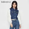 TWOTWINSTYLE Patchwork Denim Short Jacket For Women Lapel Puff Long Sleeve Casual Coat Female Fashion Clothing Autumn 210517