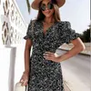 Fashionable Women's Dress Summer Print Button Short Skirt Waist Thin Explosive mini dress 210520