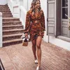 Sexy Satin Women Leopard Drukuj Ruched Vintage Latarnia Rękaw Bodycon Short Boho Wzburzyć Party Shirred Dress 210415