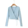 Vintage Spliced ​​Lace Cross V Neck Tie Bow Rib Crop Cardigan Kvinnor Elegant Hem Bandage Sweater Långärmad Short Jumper 210429