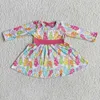 Pink lace cute ruffle sleeve easter bunny dress for little girls spring flowers and grass print girls princess dress G1215