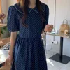 Sweet Dot Woman Dress Vintage Puff Sleeve Peter Pan Collar Abiti causali a vita alta A-line 6H028 210603