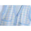 Streetwear Women Blue Plaid Sweater Vest Fashion Ladies V-Neck Stickade Toppar Kausal Kvinna Chic Ficka Loose Cardigan 210527